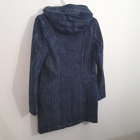 Oxygen Women's Hooded Long Moto Lined Denim Zip Up Jacket Pockets Small - Picture 13 of 14